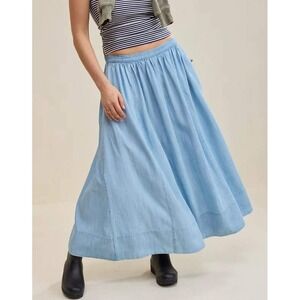 Aerie Light Wash Chambray Denim Maxi Skirt Flowy Full Elastic Waist Boho Cottage